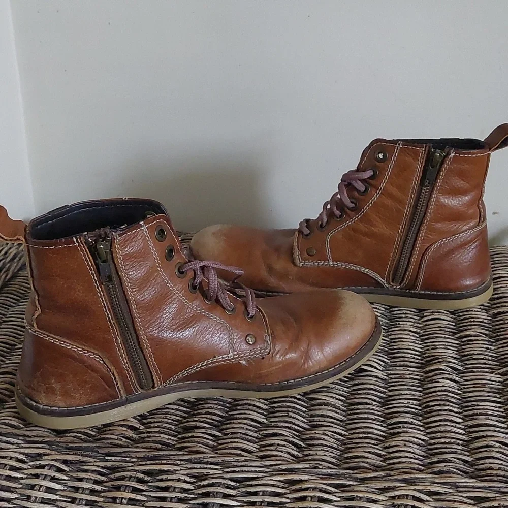 Crevo Men's Brown Leather Lace-Up Side-Zip Boots